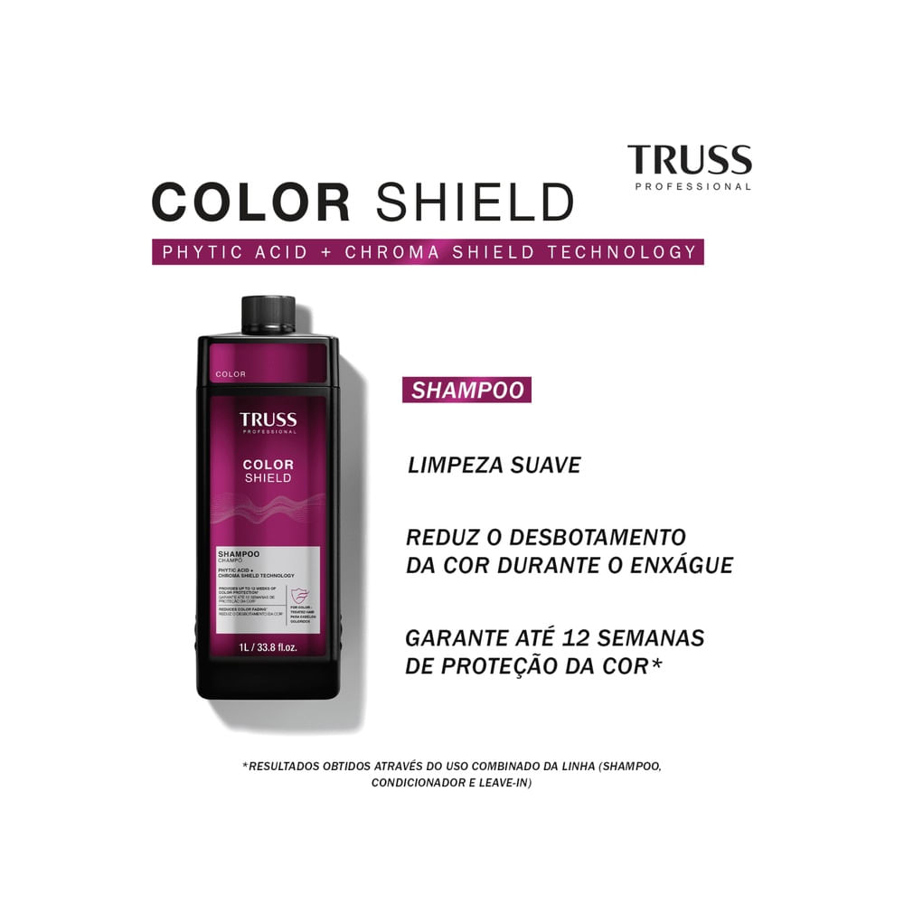 Frasco do Shampoo Truss Color Shield 1L em fundo branco, com rótulo roxo e tampa preta.